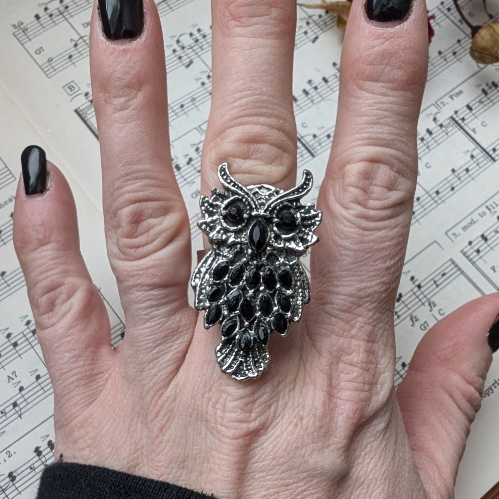 Silver and Black Owl Statement Ring Adjustable Band